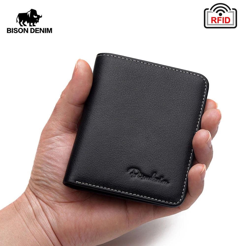 BISON DENIM Black Purse For Men Genuine Leather Men's Wallets Thin Male Wallet Card Holder Cowskin Soft Mini Purses N4429