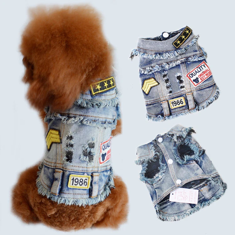 Pet Clothes Dog Jeans Jacket Cool Blue Denim Coat Small Medium Puppy Blue Vintage Washed Clothes Dogs Lapel Vests Classic Hoodie