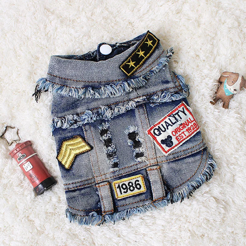 Pet Clothes Dog Jeans Jacket Cool Blue Denim Coat Small Medium Puppy Blue Vintage Washed Clothes Dogs Lapel Vests Classic Hoodie