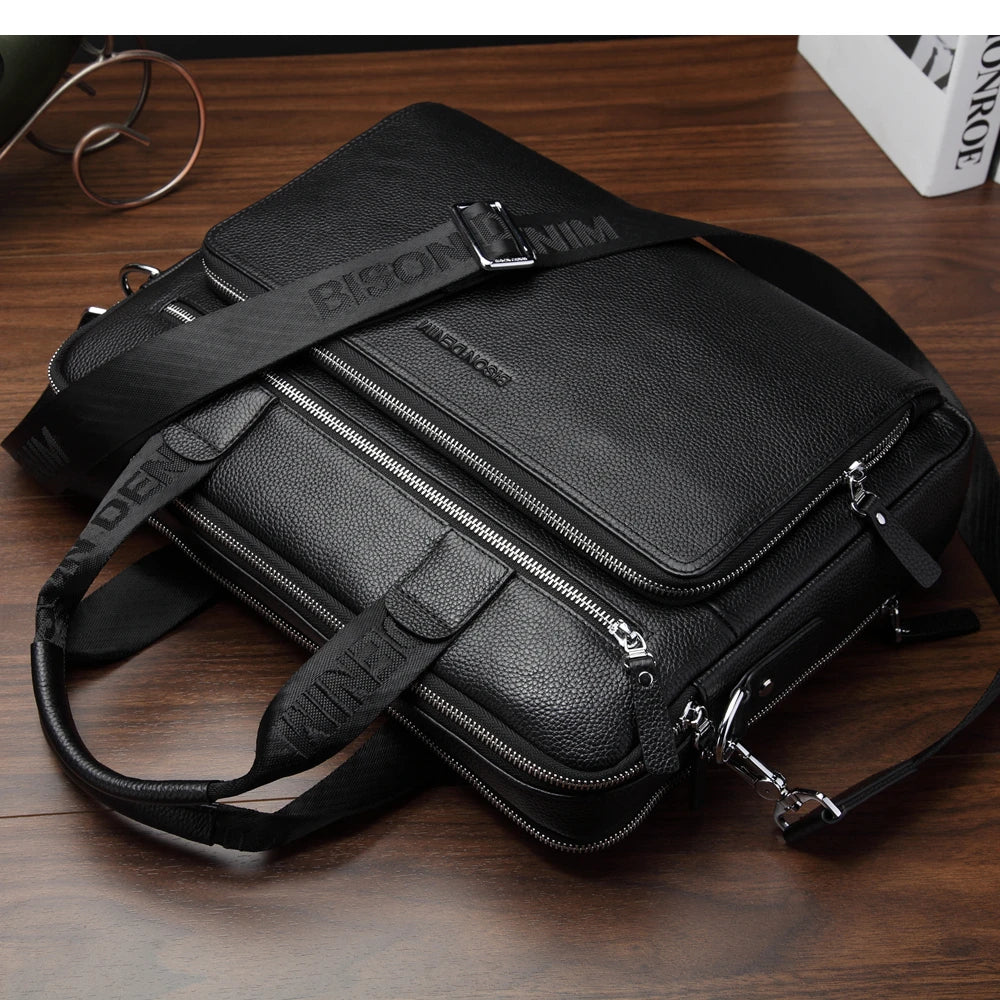 BISON DENIM Men Bag Genuine Leather Work Briefcases 14" Laptop Bag Men's Business Crossbody Bag Messenger Shoulder Bag For Man