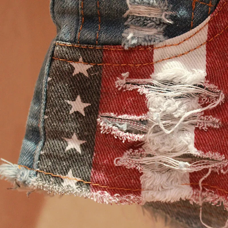 Mid Waist Jeans Shorts 2021 Women New Fashion USA Flag Printed Denim Pole Dance Skinny Hot Hole Short Pants S-XXL