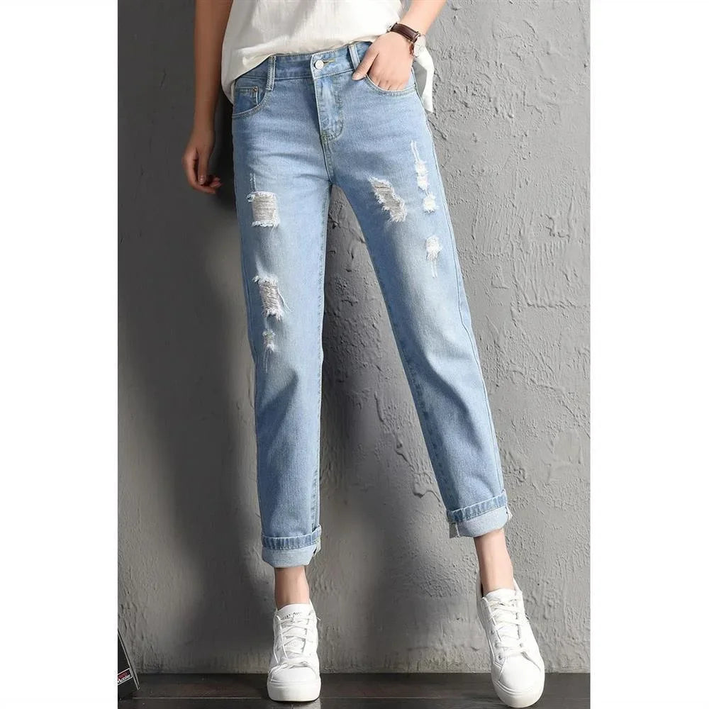 2024 New Women Fashion Mid Waist Boyfriend Big Ripped Hole Jeans Casual High Street Denim Pants Sexy Vintage Pencil Calca Jeans