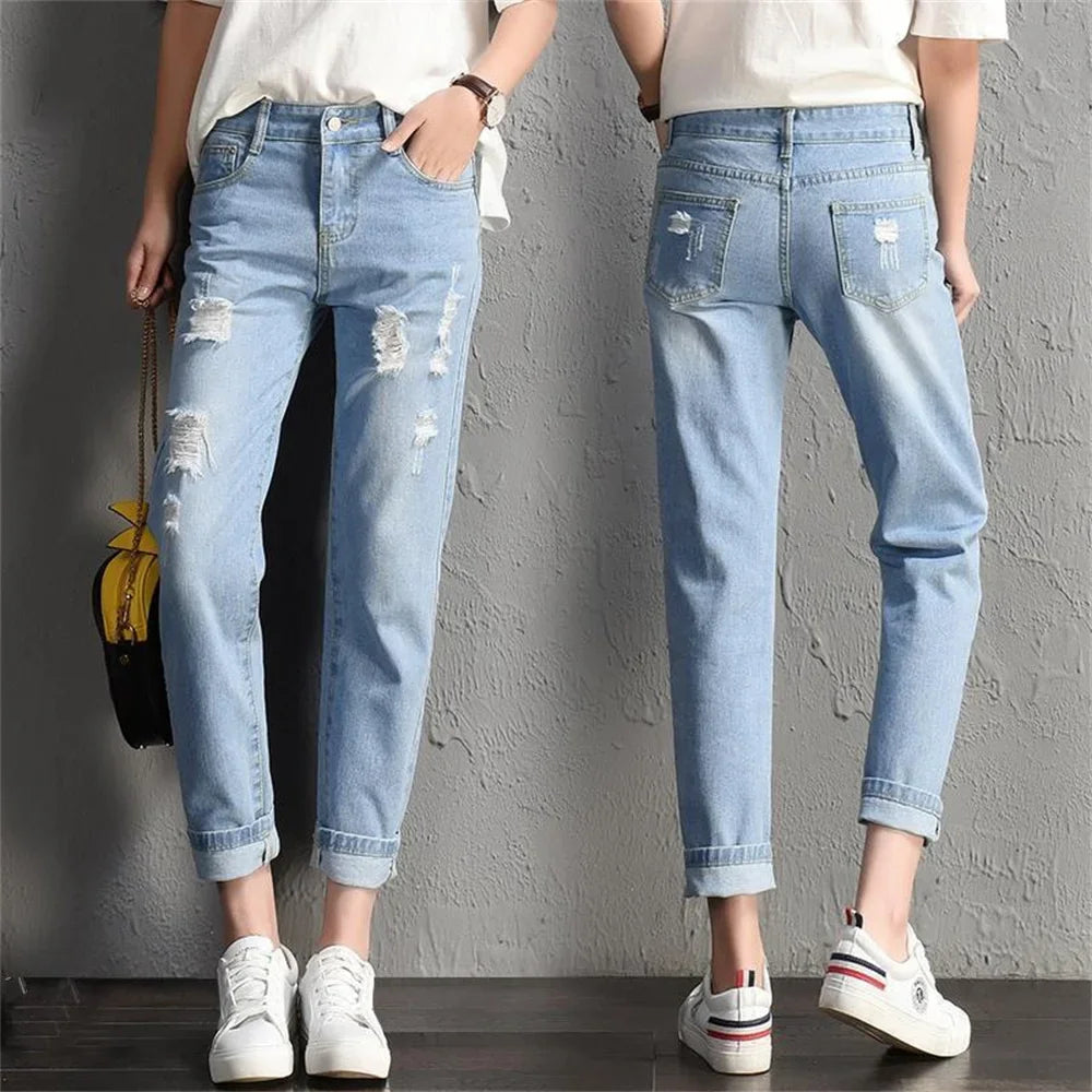 2024 New Women Fashion Mid Waist Boyfriend Big Ripped Hole Jeans Casual High Street Denim Pants Sexy Vintage Pencil Calca Jeans