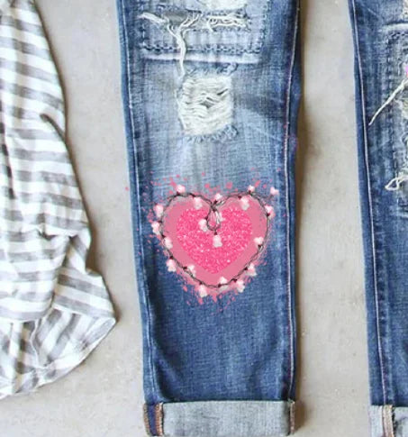 Valentine's Day Diamond Heart Ripped Jeans Hot Sale Women's Ripped Print Jeans Fashion Stretch Skinny Denim Pencil Pants