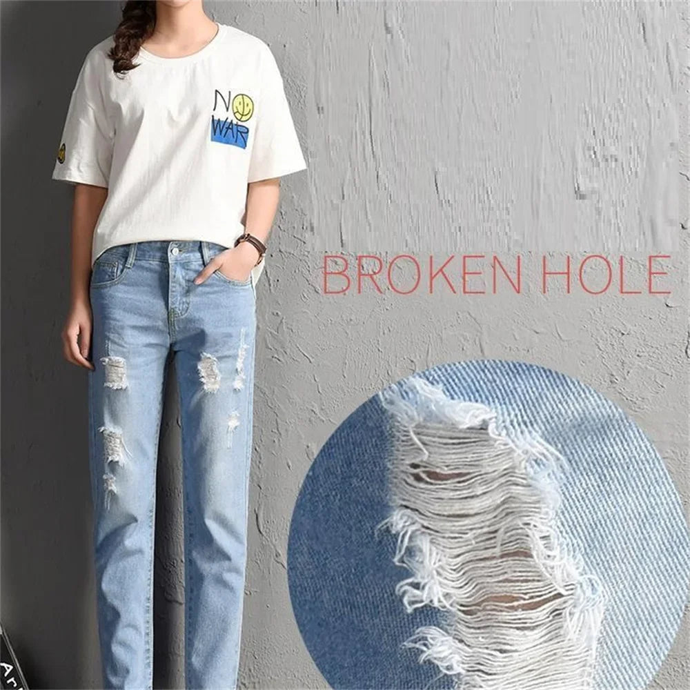 2024 New Women Fashion Mid Waist Boyfriend Big Ripped Hole Jeans Casual High Street Denim Pants Sexy Vintage Pencil Calca Jeans