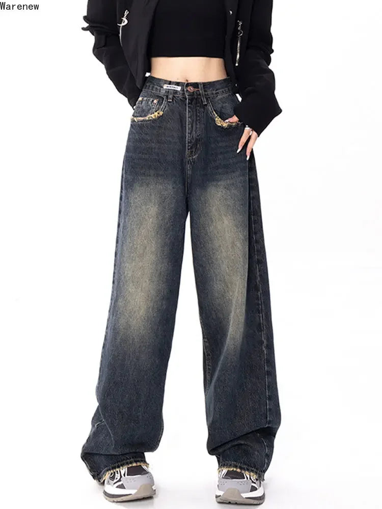 2024 Spring Korean Fashion Y2k High Waist Wide Leg Jeans Pants  Women's Loose BF Casual Straight Denim Trousers Female Clothes