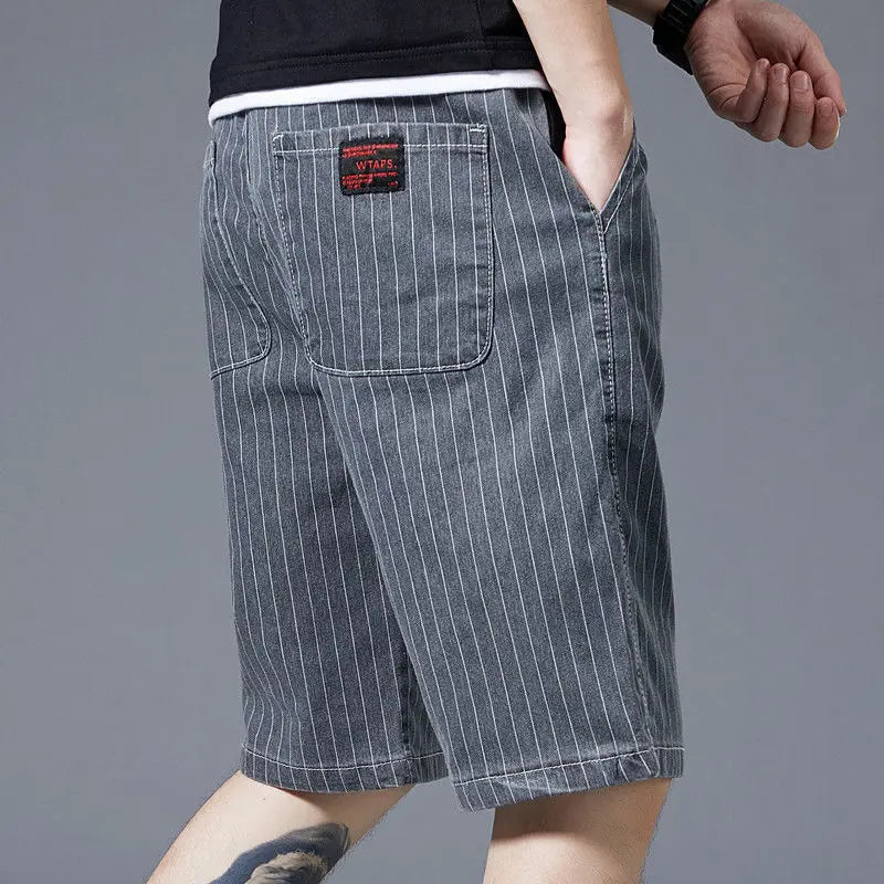 Summer Men Casual Striped Denim Shorts Koreon Streetwear Fashion Elastic Waist Baggy Male Thin Beach Sports Knee Length Jeans