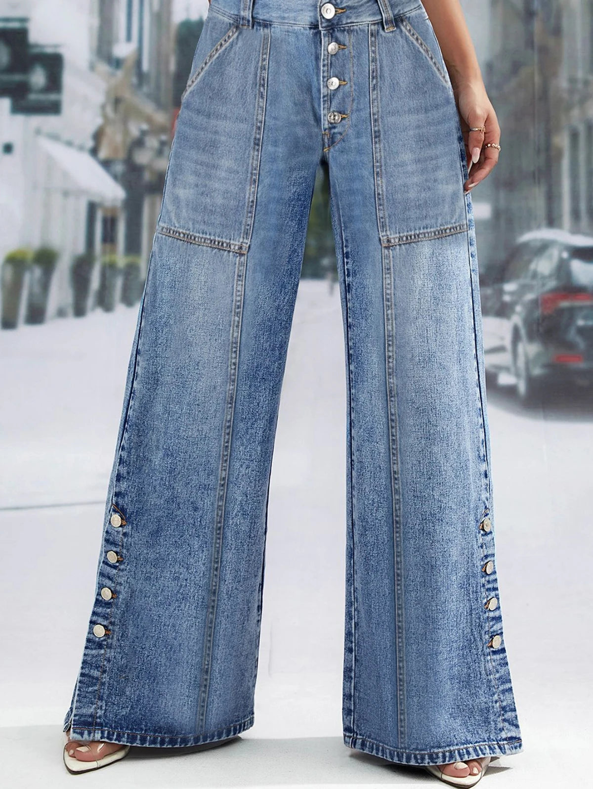 High Waist Wide Leg Jeans Women Fashion High Waist Button Wide Leg Long Pants Loose Slimming Straight Trendy Long Pants