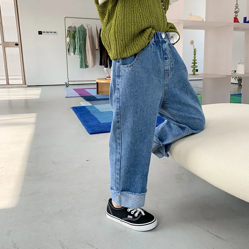 Spring summer Kids crimped wide leg jeans Boys and girls loose thin denim pants Children fashion casual trousers