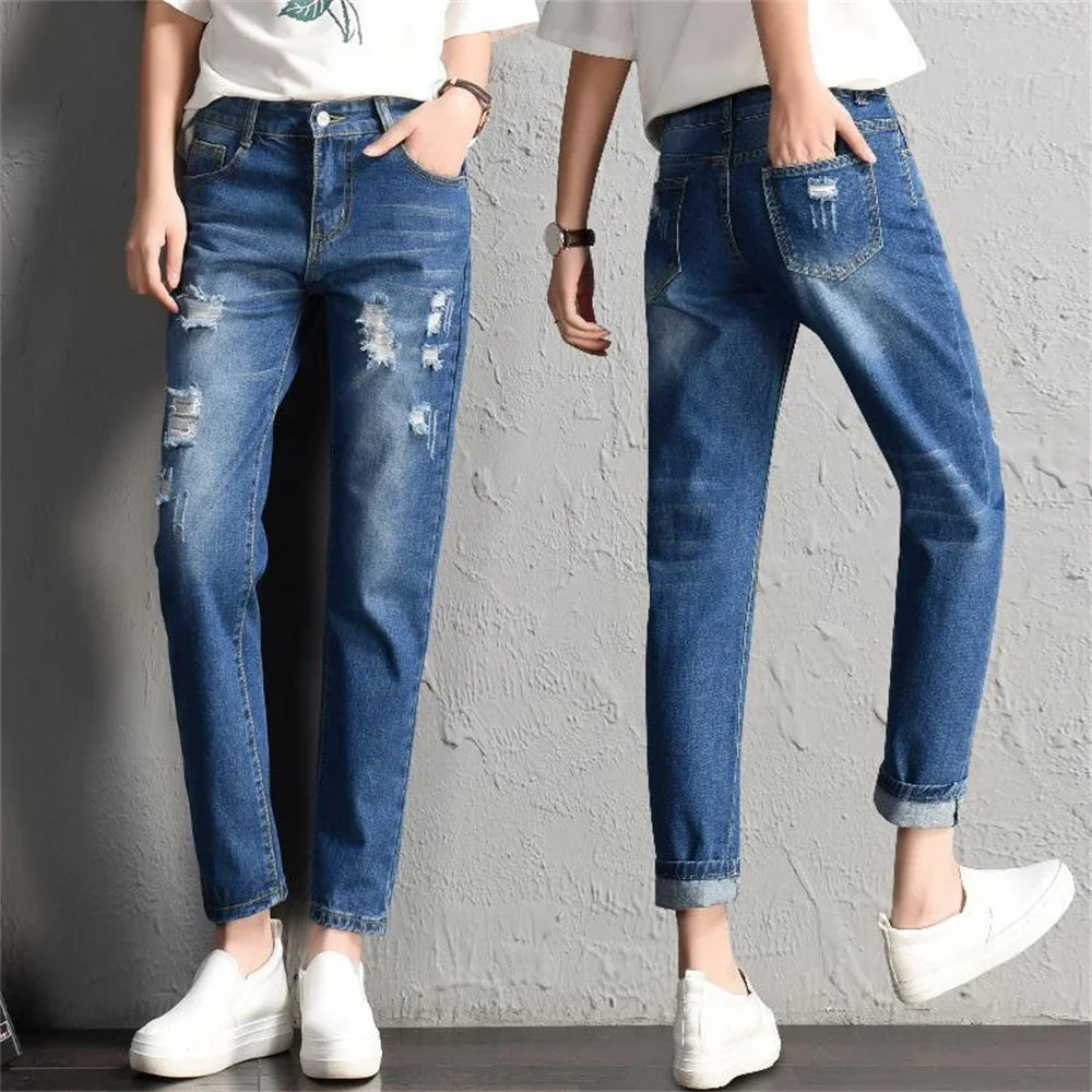 2024 New Women Fashion Mid Waist Boyfriend Big Ripped Hole Jeans Casual High Street Denim Pants Sexy Vintage Pencil Calca Jeans