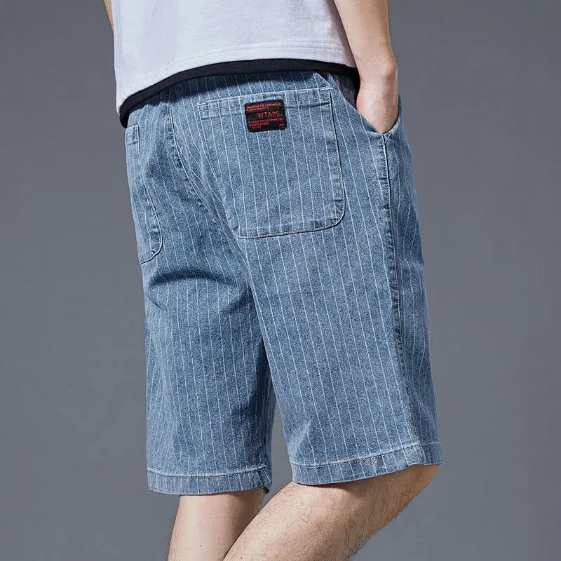 Summer Men Casual Striped Denim Shorts Koreon Streetwear Fashion Elastic Waist Baggy Male Thin Beach Sports Knee Length Jeans