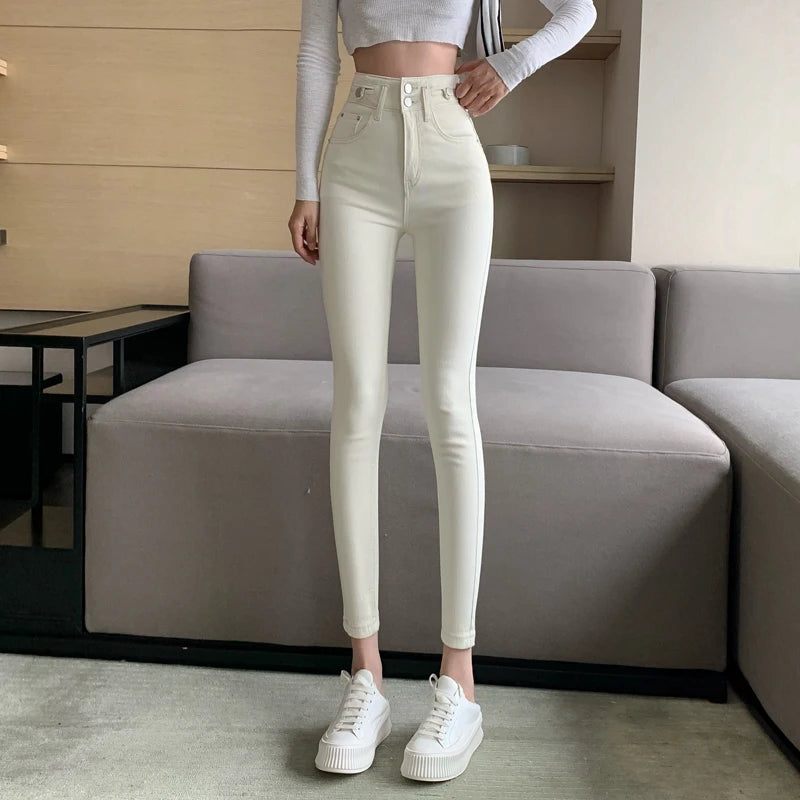 Korean Fashion Apricot Skinny Pants Women High Waist Stretch Jeans Pants Sexy Pencil Capris Streetwear Hip Lift Denim Legging