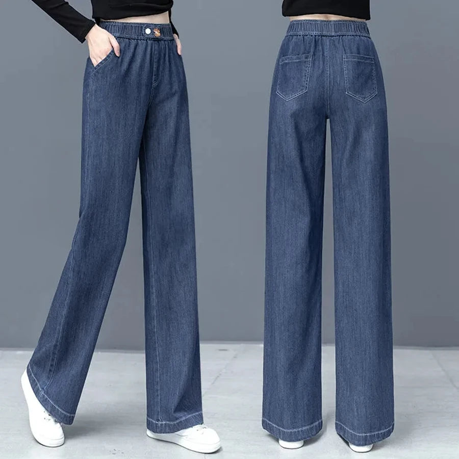 Elastic High Waist Straight Jean For Women Thin Summer Casual Wide Leg Denim Pants Korean Fashion Vaqueros Loose Pantalones 2023