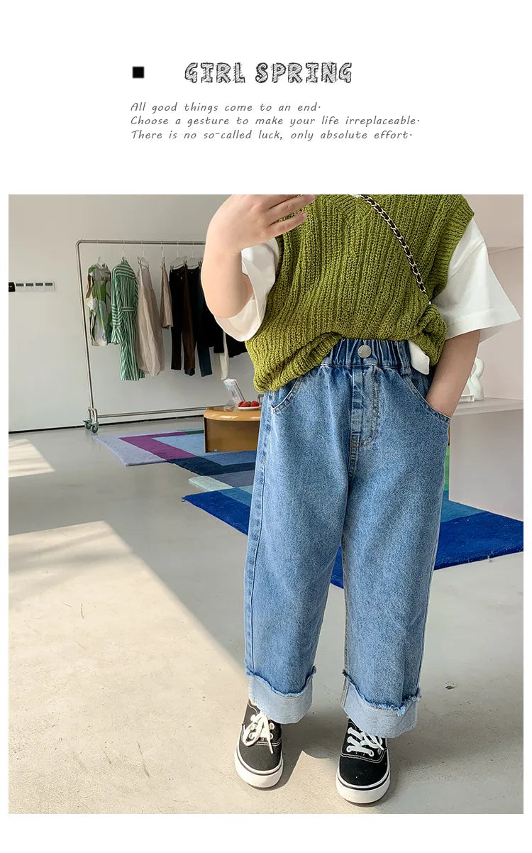 Spring summer Kids crimped wide leg jeans Boys and girls loose thin denim pants Children fashion casual trousers