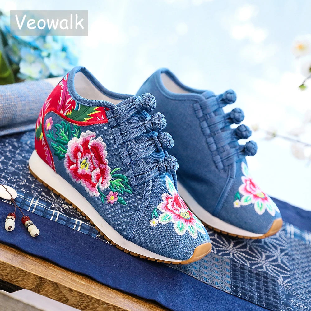 Veowalk New Spring Women's Flower Embroidered Flat Platform Shoes Chinese Ladies Casual Comfort Denim Fabric Sneakers Shoes