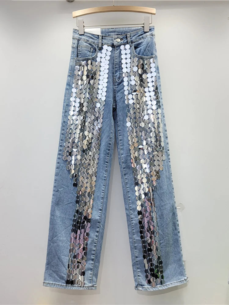 DEAT Women's Jeans High Waist Solid Color Sequins Loose Straight Wide Leg Cool Denim Trousers 2024 Summer New Fashion 29L6369