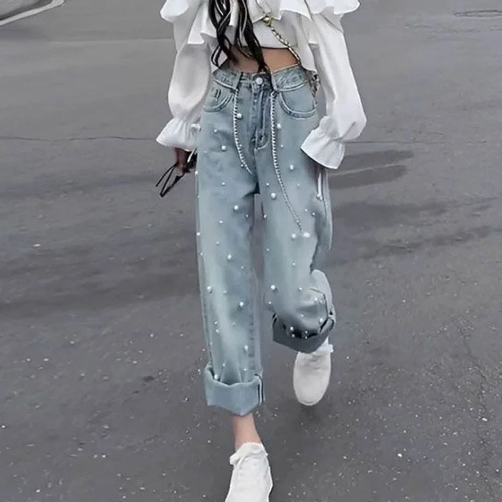 Pearl with Pockets Women's Jeans Blue High Waist Shot Straight Leg Female Denim Pants Trousers Streetwear on Sale Vintage Medium