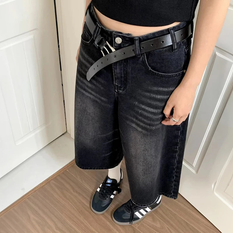 Women Black Y2k Style Baggy Denim Shorts Wide Leg Capri  Pants Fashion High Waisted Dark Wash Jeans Female Casual Retro 2000s