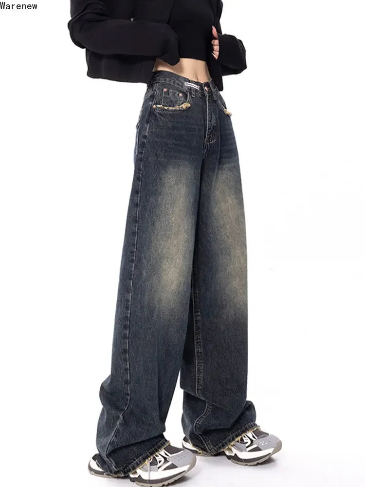 2024 Spring Korean Fashion Y2k High Waist Wide Leg Jeans Pants  Women's Loose BF Casual Straight Denim Trousers Female Clothes