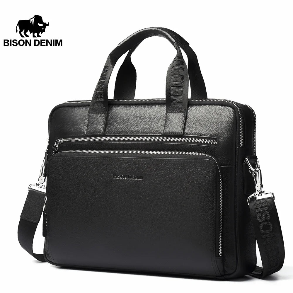 BISON DENIM Men Bag Genuine Leather Work Briefcases 14" Laptop Bag Men's Business Crossbody Bag Messenger Shoulder Bag For Man