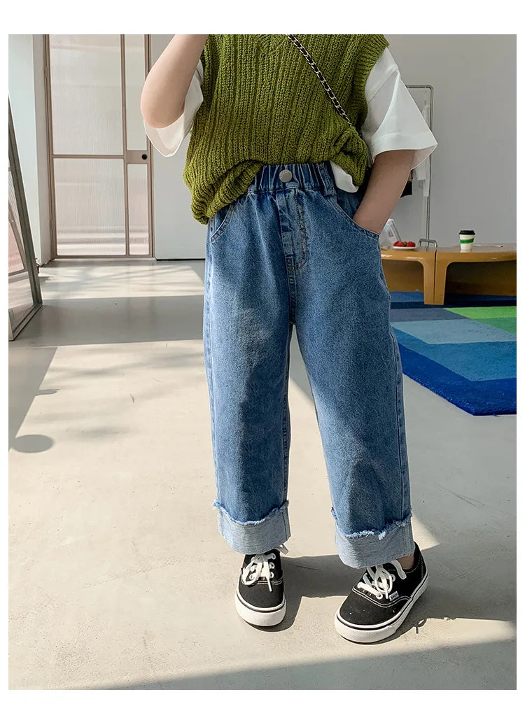 Spring summer Kids crimped wide leg jeans Boys and girls loose thin denim pants Children fashion casual trousers