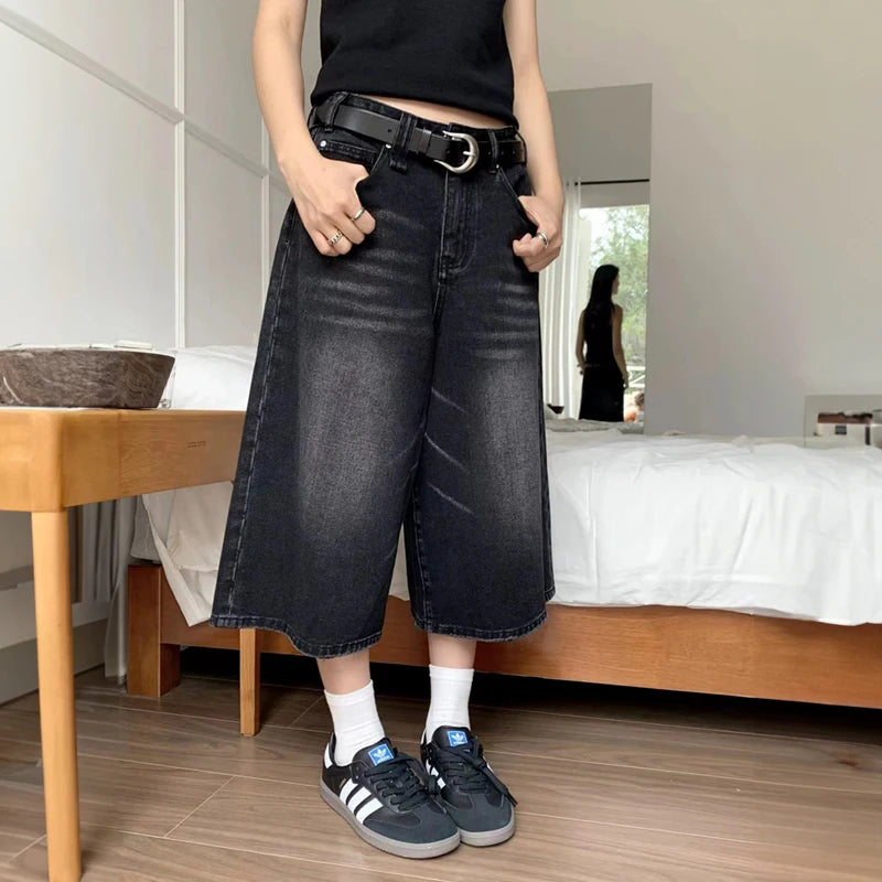 Women Black Y2k Style Baggy Denim Shorts Wide Leg Capri  Pants Fashion High Waisted Dark Wash Jeans Female Casual Retro 2000s