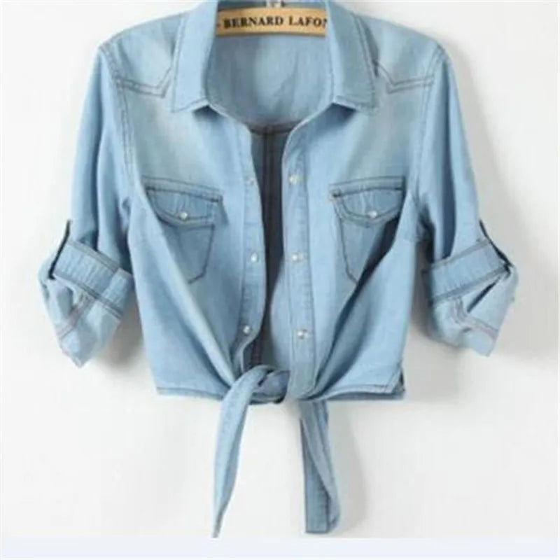 Summer Casual cropped sleeves Shirt Denim cotton short Women Shirts button up blouses womens sexy Blouse tops