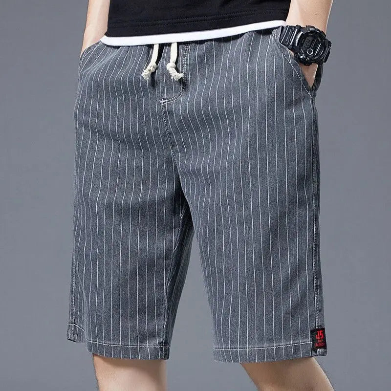 Summer Men Casual Striped Denim Shorts Koreon Streetwear Fashion Elastic Waist Baggy Male Thin Beach Sports Knee Length Jeans