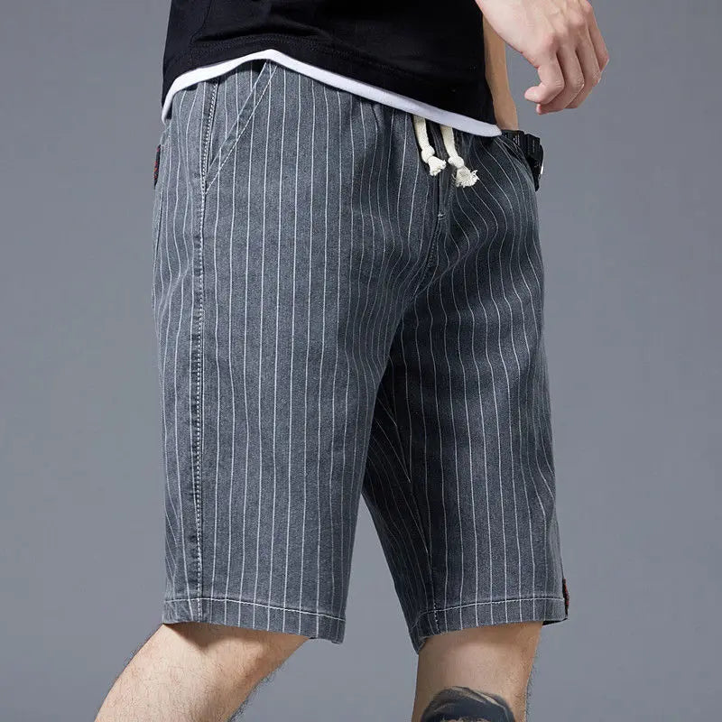 Summer Men Casual Striped Denim Shorts Koreon Streetwear Fashion Elastic Waist Baggy Male Thin Beach Sports Knee Length Jeans