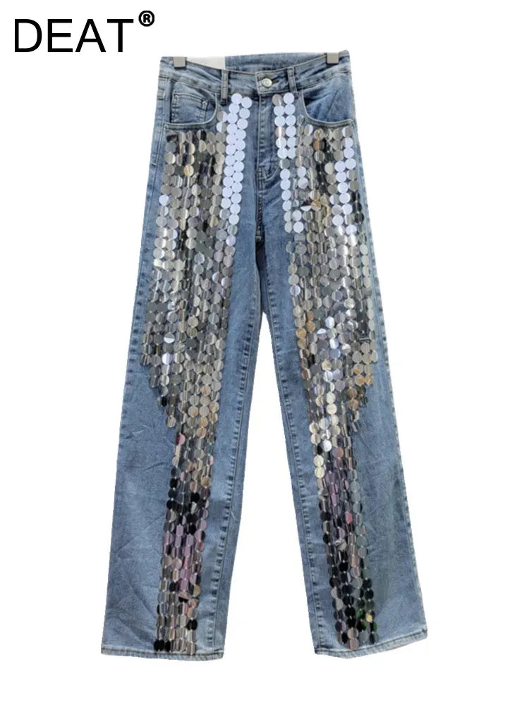 DEAT Women's Jeans High Waist Solid Color Sequins Loose Straight Wide Leg Cool Denim Trousers 2024 Summer New Fashion 29L6369