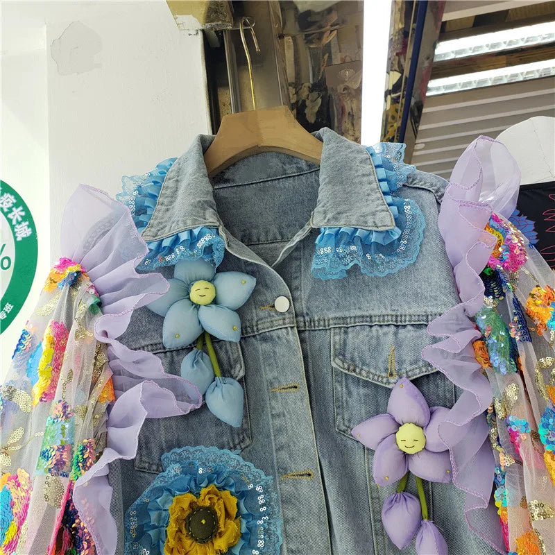 Fashion Hem Burrs Denim Jacket Women Sequins Mesh Lantern Sleeve Big Pocket Cowboy Outerwear Loose Short Jeans Jackets Female