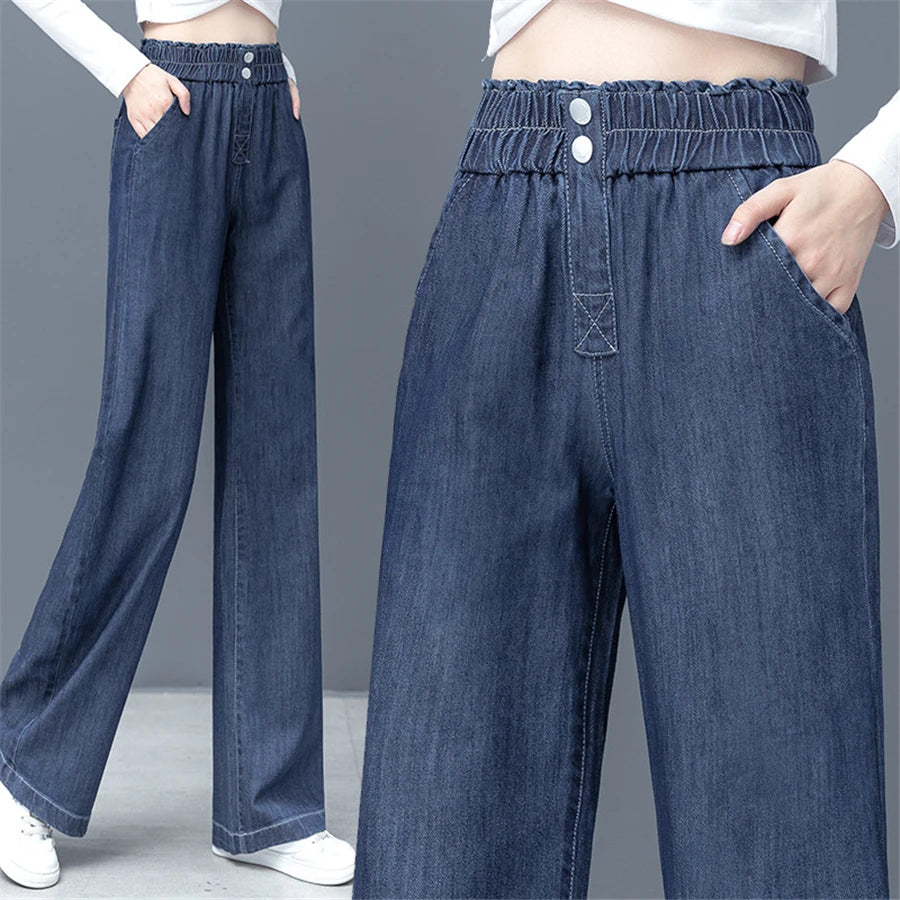 Elastic High Waist Straight Jean For Women Thin Summer Casual Wide Leg Denim Pants Korean Fashion Vaqueros Loose Pantalones 2023