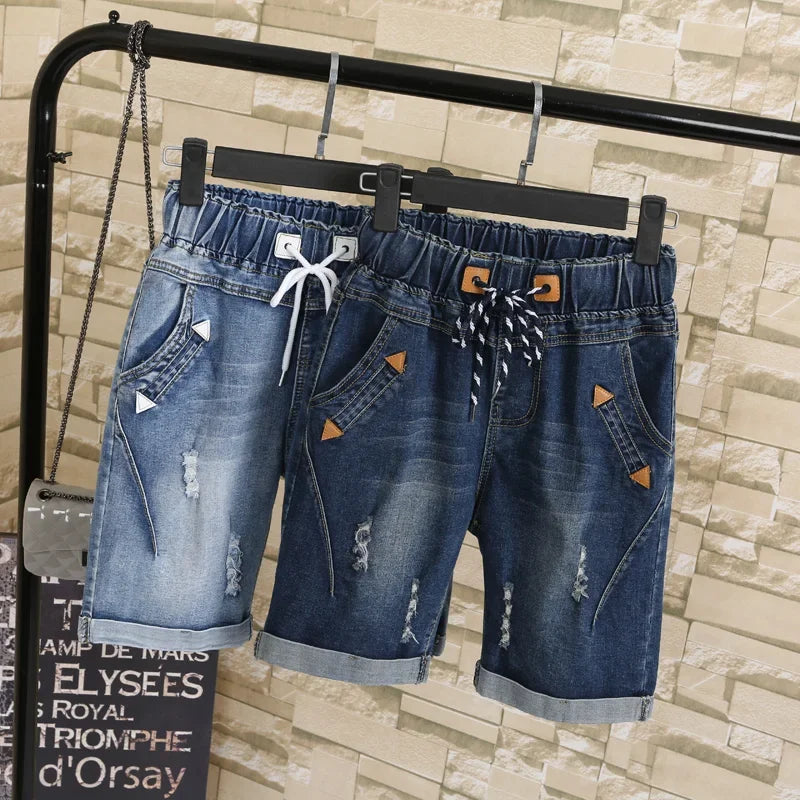 Large Size Women Fat MM Summer Students Denim Shorts Female Five Points Wide Leg Harem Trousers MZ1573