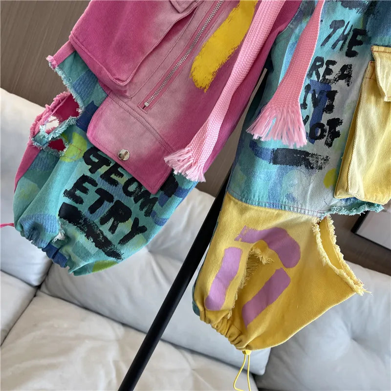 Hip Hop Jeans for Women 2023 Summer New Fashion Color Contrast Elastic Waist Ripped Overalls Straight Ankle Tied Cropped Pants