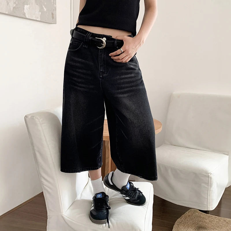 Women Black Y2k Style Baggy Denim Shorts Wide Leg Capri  Pants Fashion High Waisted Dark Wash Jeans Female Casual Retro 2000s