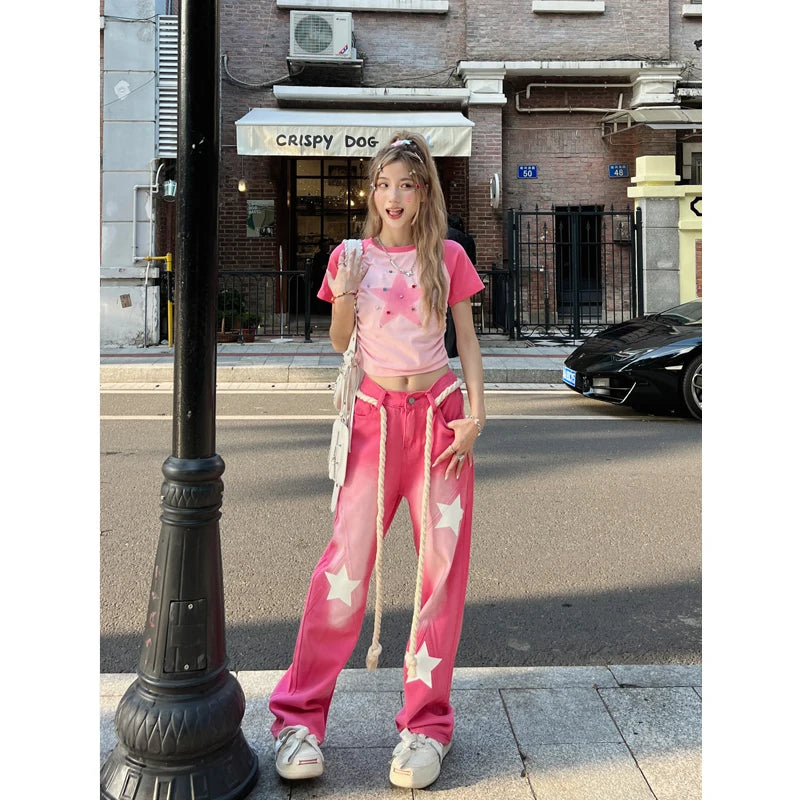 Women's Blue Pink Jeans Baggy High Waist Fashion Straight Denim Trouser Harajuku Vintage Streetwear Y2k Wide Star Jeans Pants