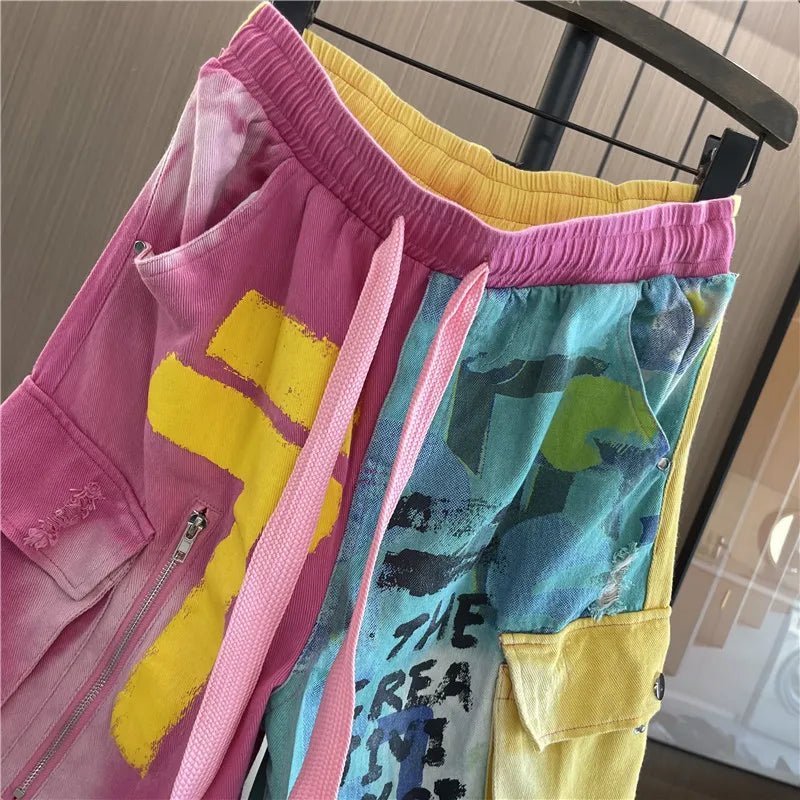 Hip Hop Jeans for Women 2023 Summer New Fashion Color Contrast Elastic Waist Ripped Overalls Straight Ankle Tied Cropped Pants