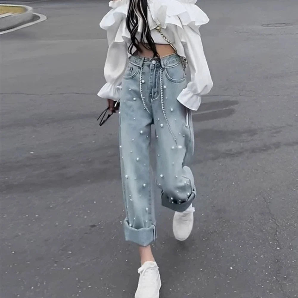 Pearl with Pockets Women's Jeans Blue High Waist Shot Straight Leg Female Denim Pants Trousers Streetwear on Sale Vintage Medium