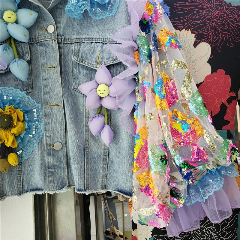 Fashion Hem Burrs Denim Jacket Women Sequins Mesh Lantern Sleeve Big Pocket Cowboy Outerwear Loose Short Jeans Jackets Female