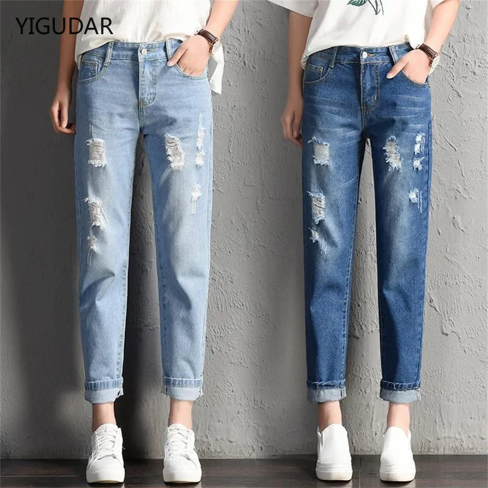 2024 New Women Fashion Mid Waist Boyfriend Big Ripped Hole Jeans Casual High Street Denim Pants Sexy Vintage Pencil Calca Jeans